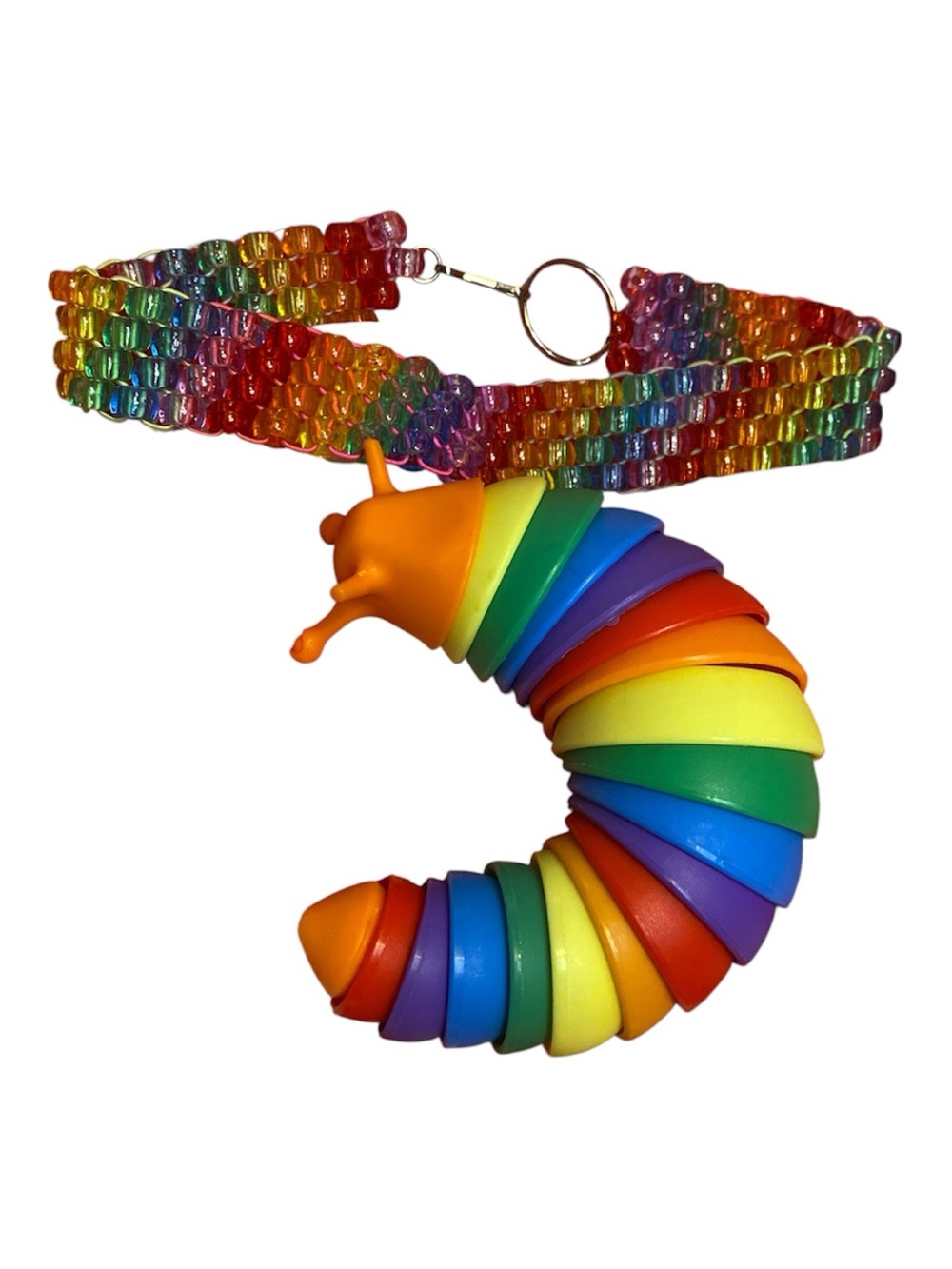 Rainbow Caterpillar Fidget Necklace - Rainbow Beaded Choker with Lanyard Clasp